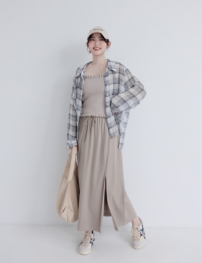 Crinkled Texture Sheer Plaid Plus Size Long Sleeve Shirt
