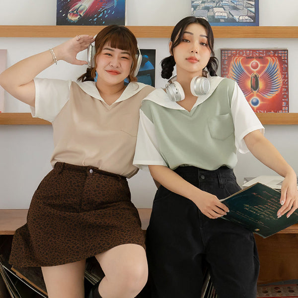Space Cotton Sailor Collar Faux Two-Piece Plus Size Top