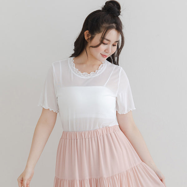 Double Layered Ruffle Sheer Stretch Plus Size Top
