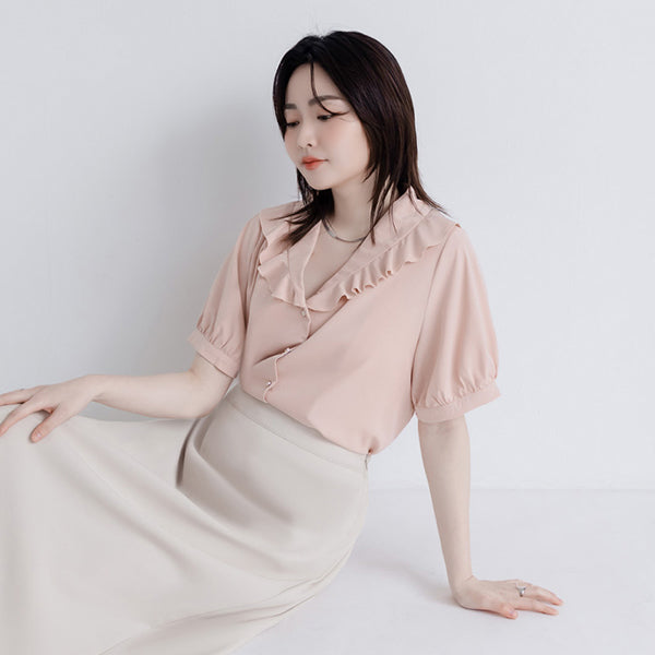 MISS. Korean-Style V-Neck Big Ruffled Puff Sleeve Plus Size Blouse