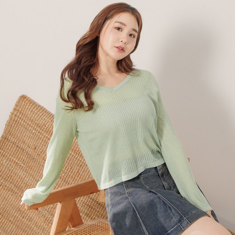 Lyocell Sheer Knit Plus Size Long Sleeve Top