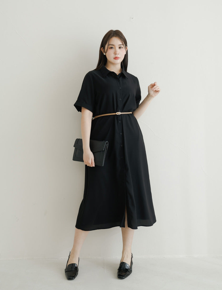 MISS. Button Twill Collar Plus Size Short Sleeve Dress (with Belt)