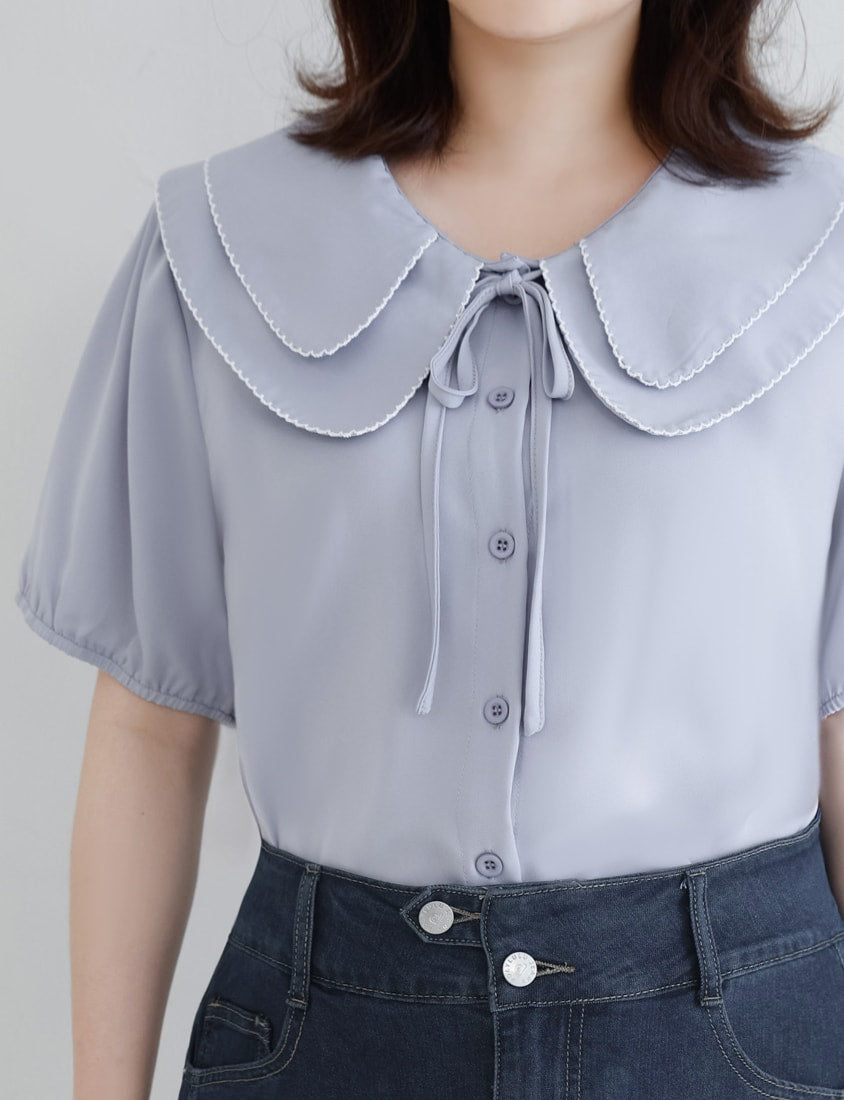 Double Layer Collar Tie Puff Sleeve Plus Size Blouse