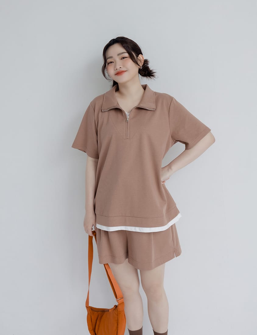 Zip-Up Faux Two-Piece Multicolor Plus Size Short Sleeve Tee