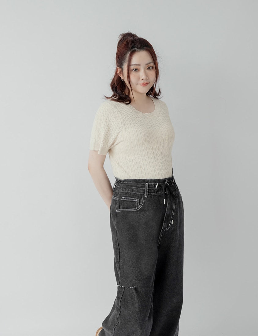 Edgy Contrast Drawstring Plus Size Distressed Jeans