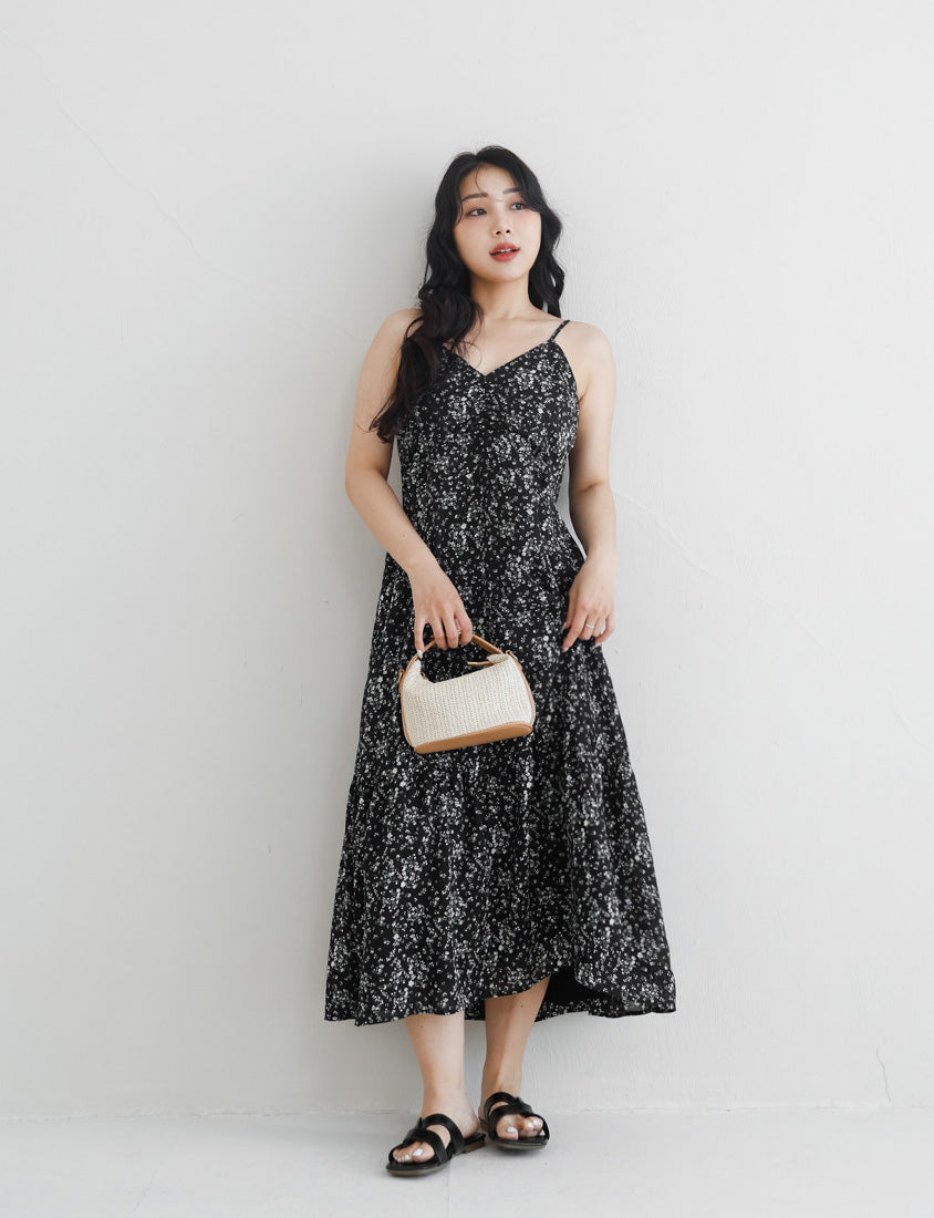 Ruched Floral Flared Hem Plus Size Cami Strap Dress