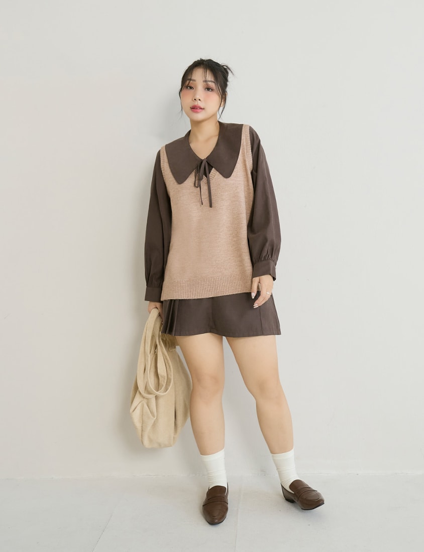 Asymmetrical Pleated Elastic Back Waist Twill Plus Size Mini Skirt