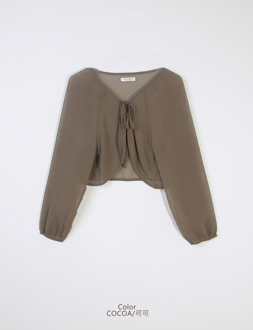 Japanese Style Puff Sleeve Tie Sheer Cropped Plus Size Cover-Up