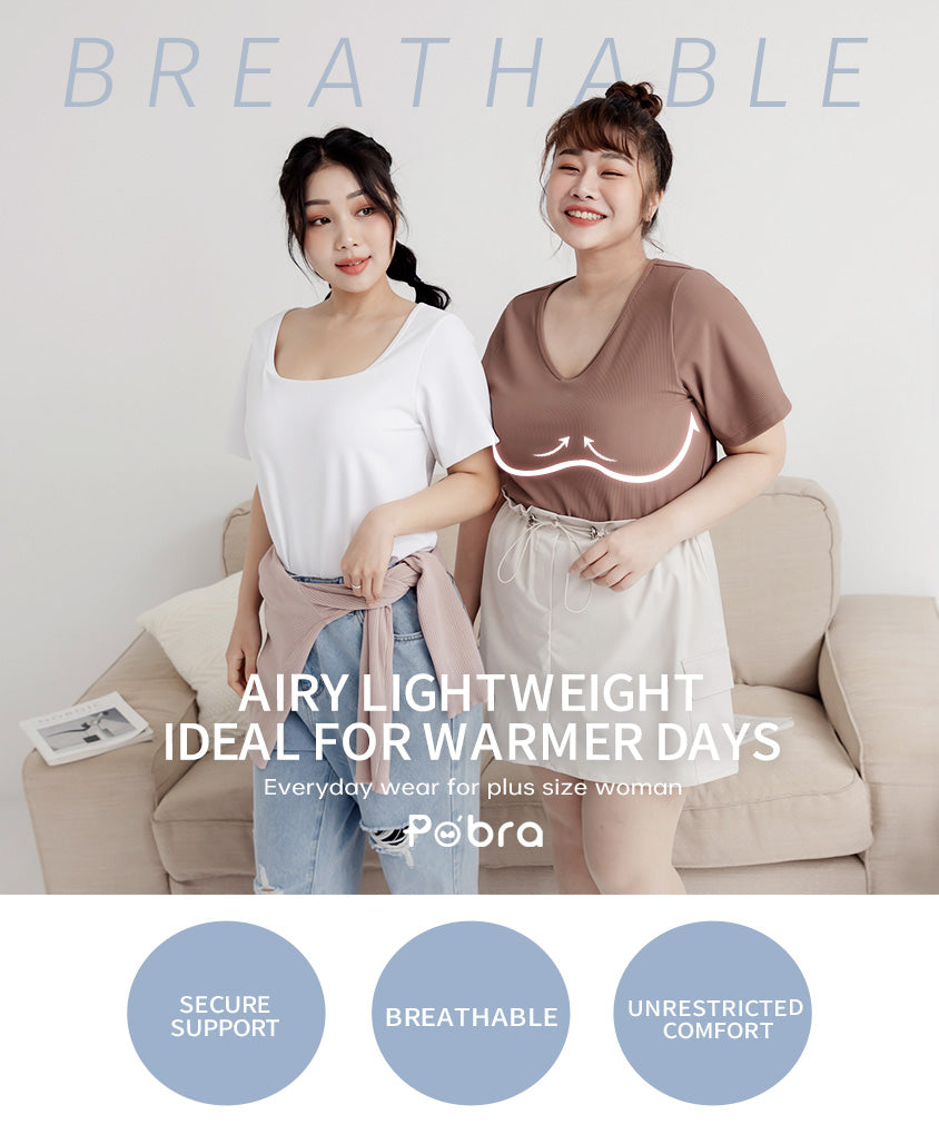 Pobra. Airy Ribbed V-Neck Short Sleeve Plus Size Bratop