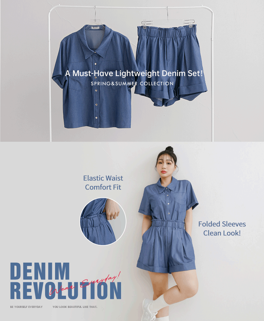 Korean-Style Faux Denim Cuffed Plus Size Short Sleeve Shirt