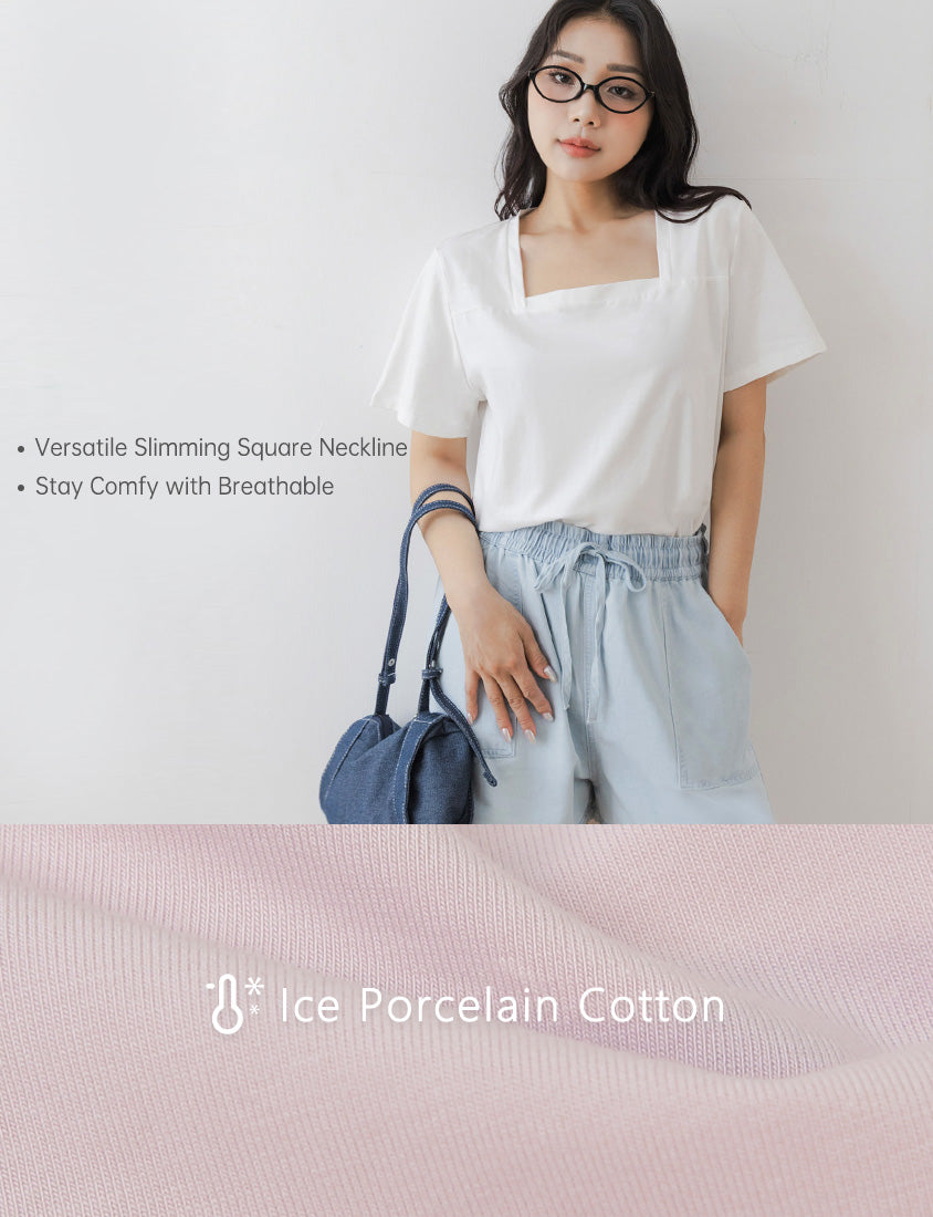 Airy Cooling Square-Neck Ice Porcelain Cotton Plus Size Tee