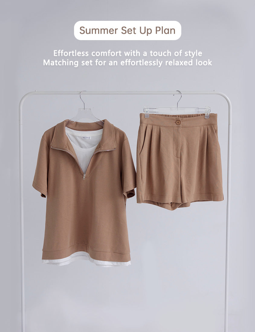 Zip-Up Faux Two-Piece Multicolor Plus Size Short Sleeve Tee