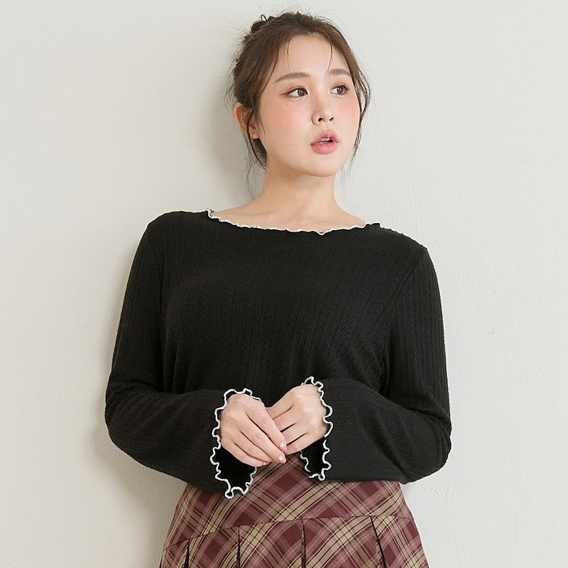 Contrast Lettuce-Edge Jacquard Plus Size Long Sleeve Top