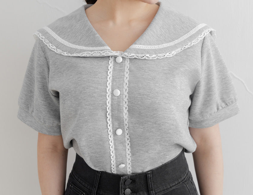 Space Cotton Sailor Collar Plus Size Lace Top