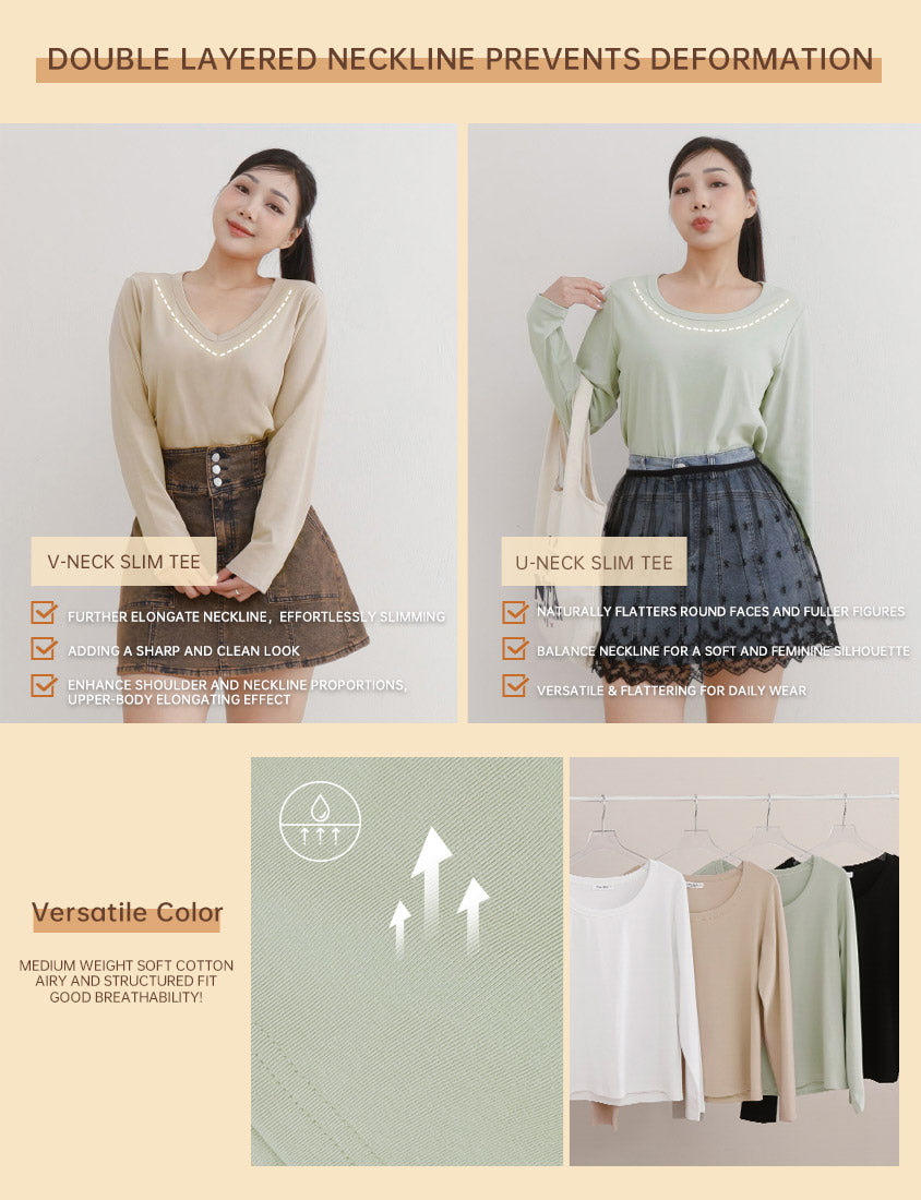 U-Neck Slim Fit Plus Size Long Sleeve Tee