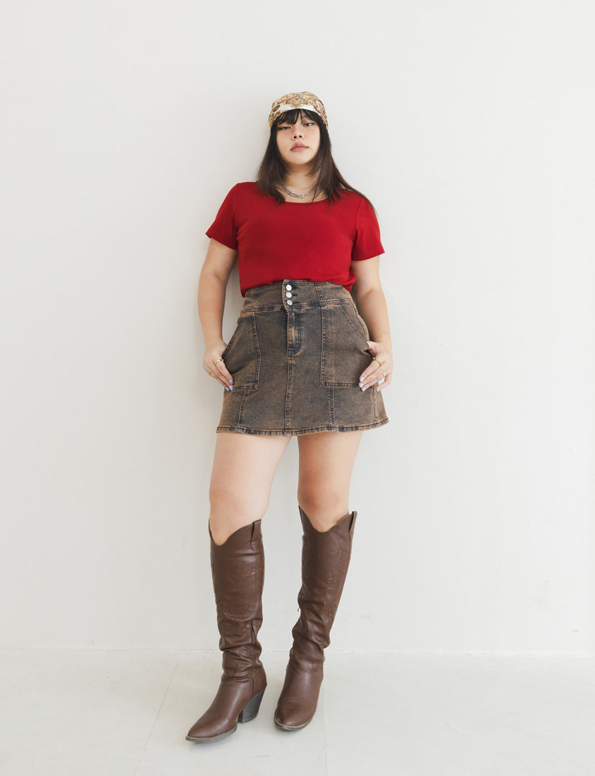 MUA! Ultra Stretch High Waist Washed Denim Plus Size Mini Skirt (With Pants)