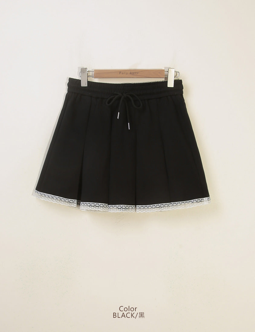 MUA! Pleated Lace-Trim Elastic Drawstring Plus Size Cotton Skirt (with Inner Shorts)