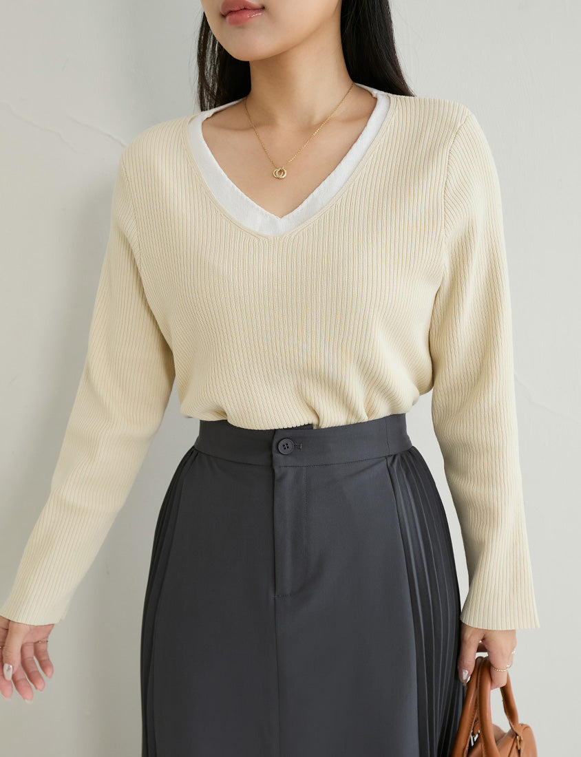 MISS. Faux Two Piece Ribbed Knit Plus Size Long Sleeve Top