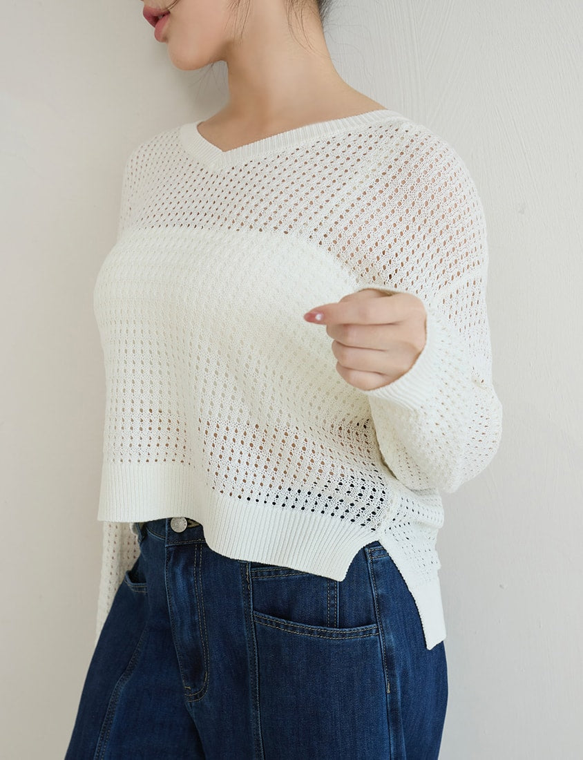 Anti-Pilling V-Neck Eyelet Plus Size Knit Top