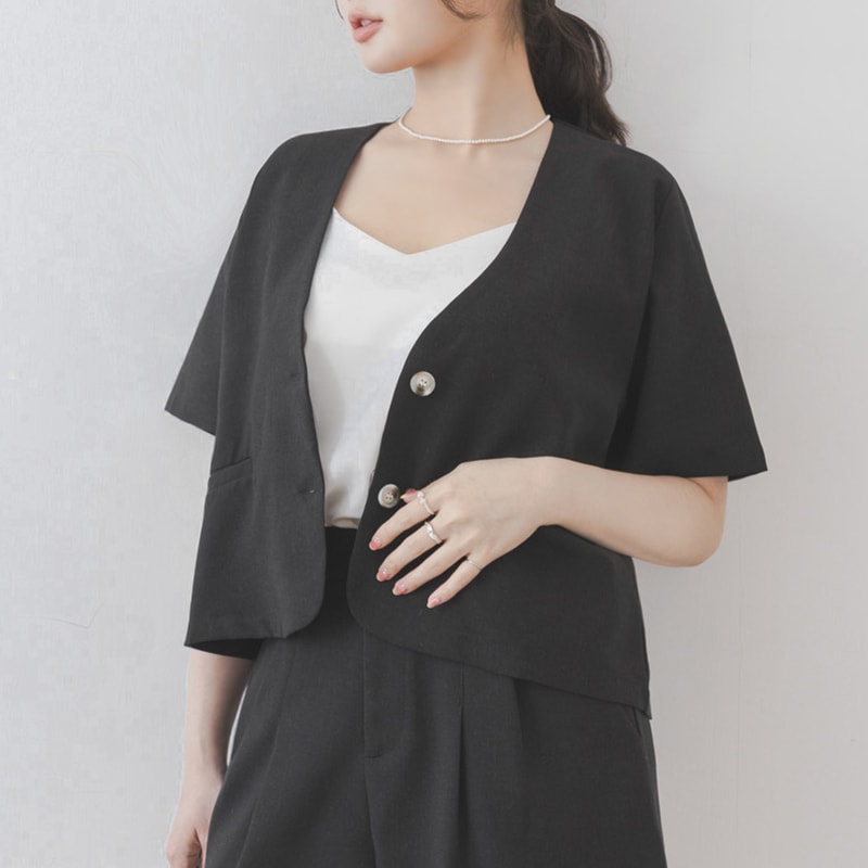 MISS. Wrinkle-Resistant Soft Linen Collarless Blazer Plus Size Jacket