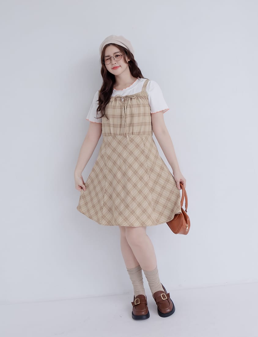 Preppy Adjustable Plaid Plus Size Mini Dress