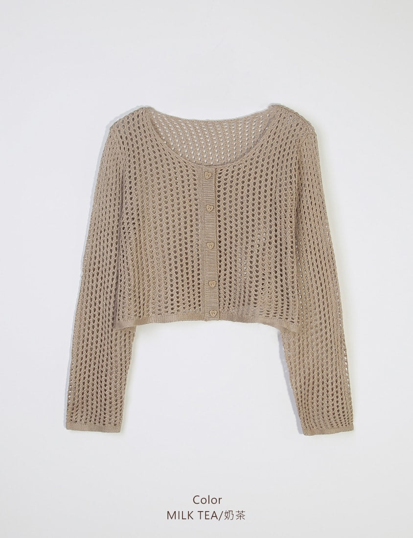 Knit Eyelet Hollow Faux Button Plus Size Top