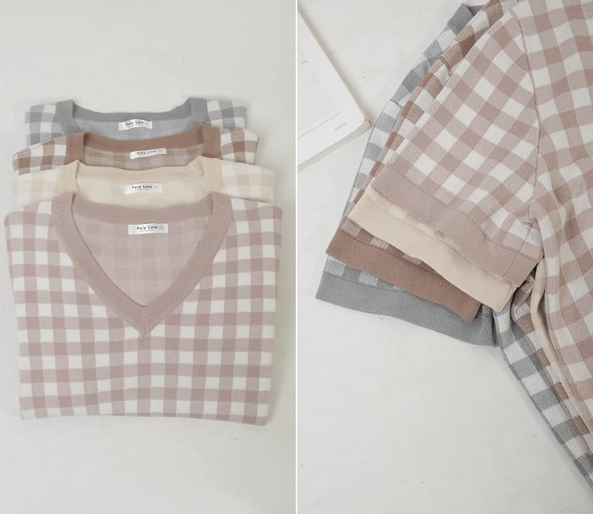 Plaid V-Neck Knit Plus Size Short Sleeve Top