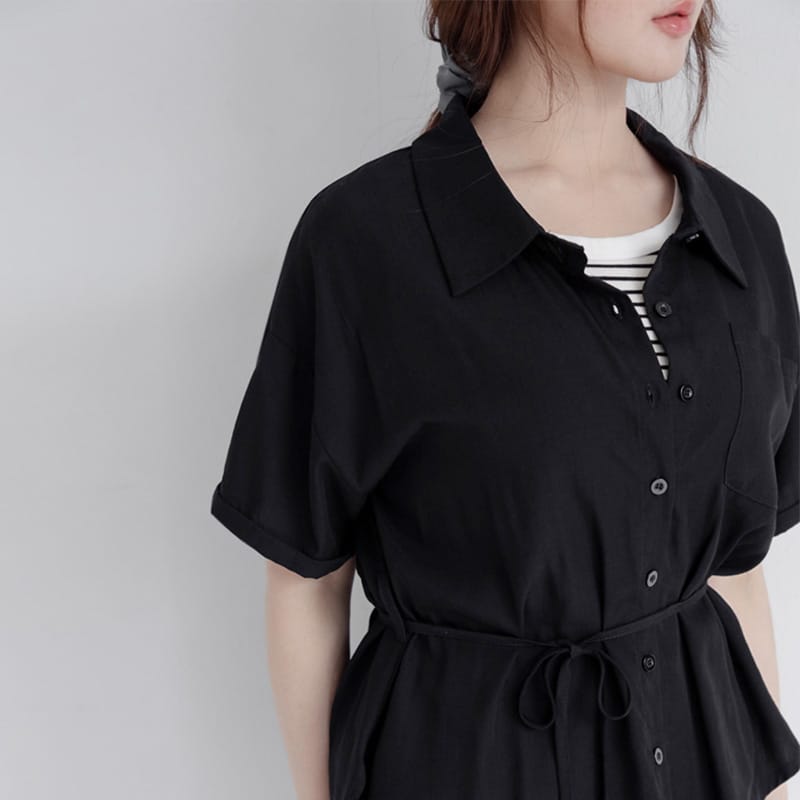 Airy Silky Linen Short Sleeve Plus Size Shirt (With Tie Belt)