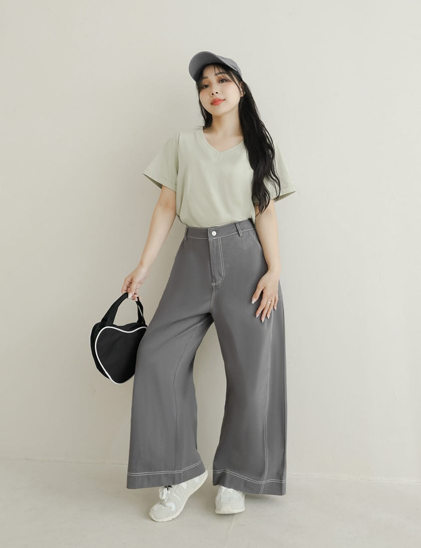 Color-Block Stitched Twill Cotton Straight-Leg Plus Size Pants