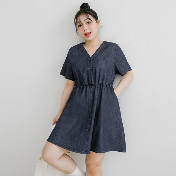 V-Neck Lightweight Denim Elastic Waist Button Plus Size Mini Dress