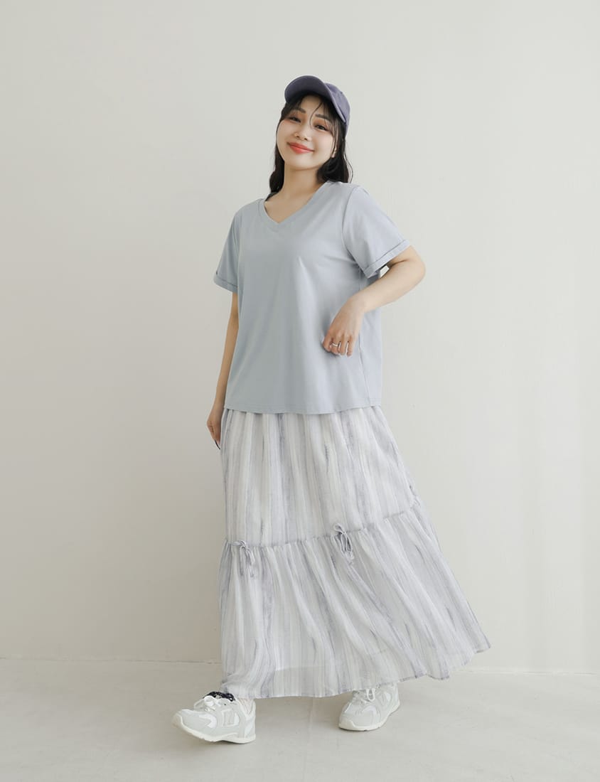 Tie-Dye Bow Detail Elastic Flare Plus Size Maxi Skirt