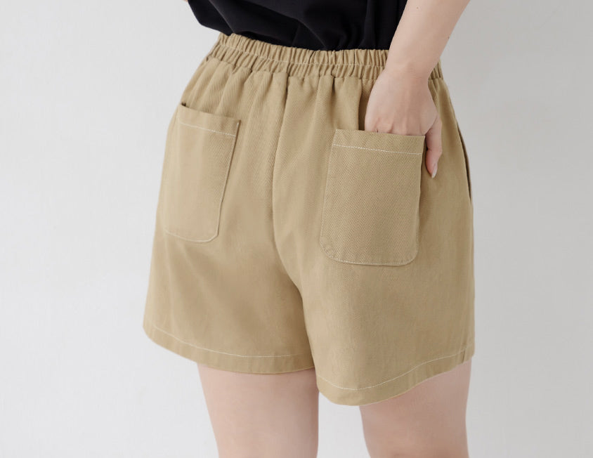 Twill Contrast Stitch High Waist Plus Size Shorts