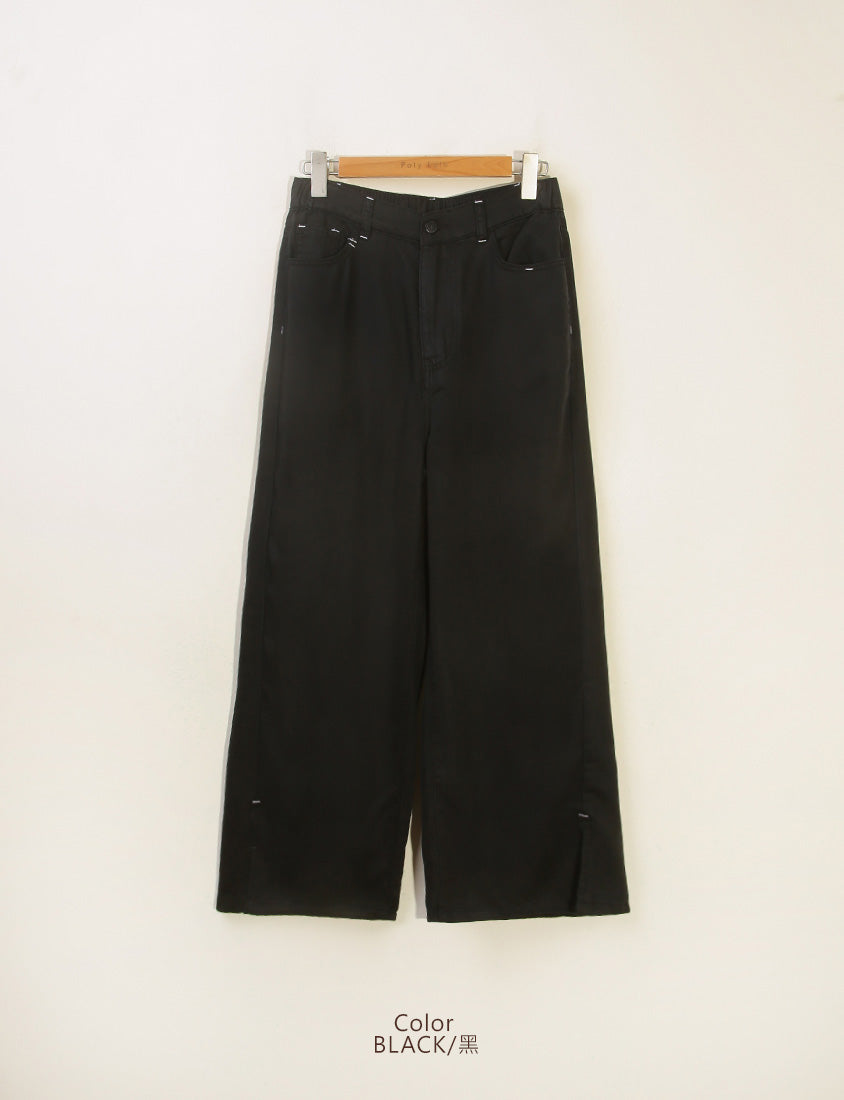 Lyocell Cooling Contrast Stitch Slit Plus Size Wide-Leg Pants