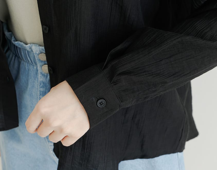 Crinkled Texture Sheer Tie-Back Plus Size Long Sleeve Shirt