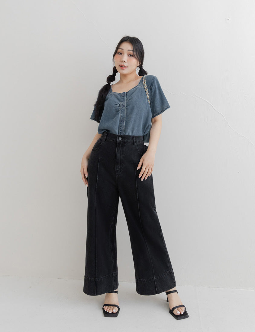 Front Ruched Button-Up Plus Size Denim Top