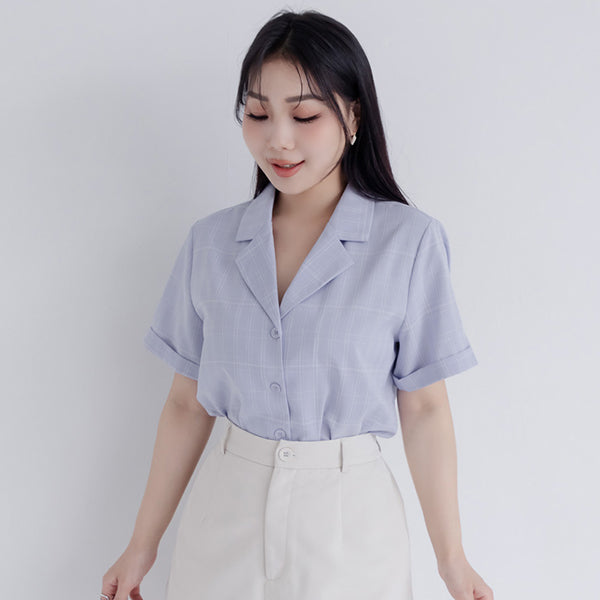 MISS. Cuban Collar Plaid Cuffed Plus Size Short Sleeve Shirt