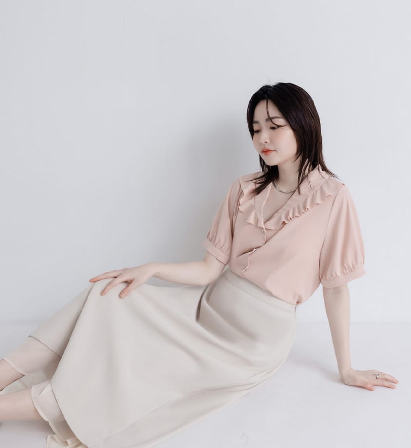 MISS. Korean-Style V-Neck Big Ruffled Puff Sleeve Plus Size Blouse