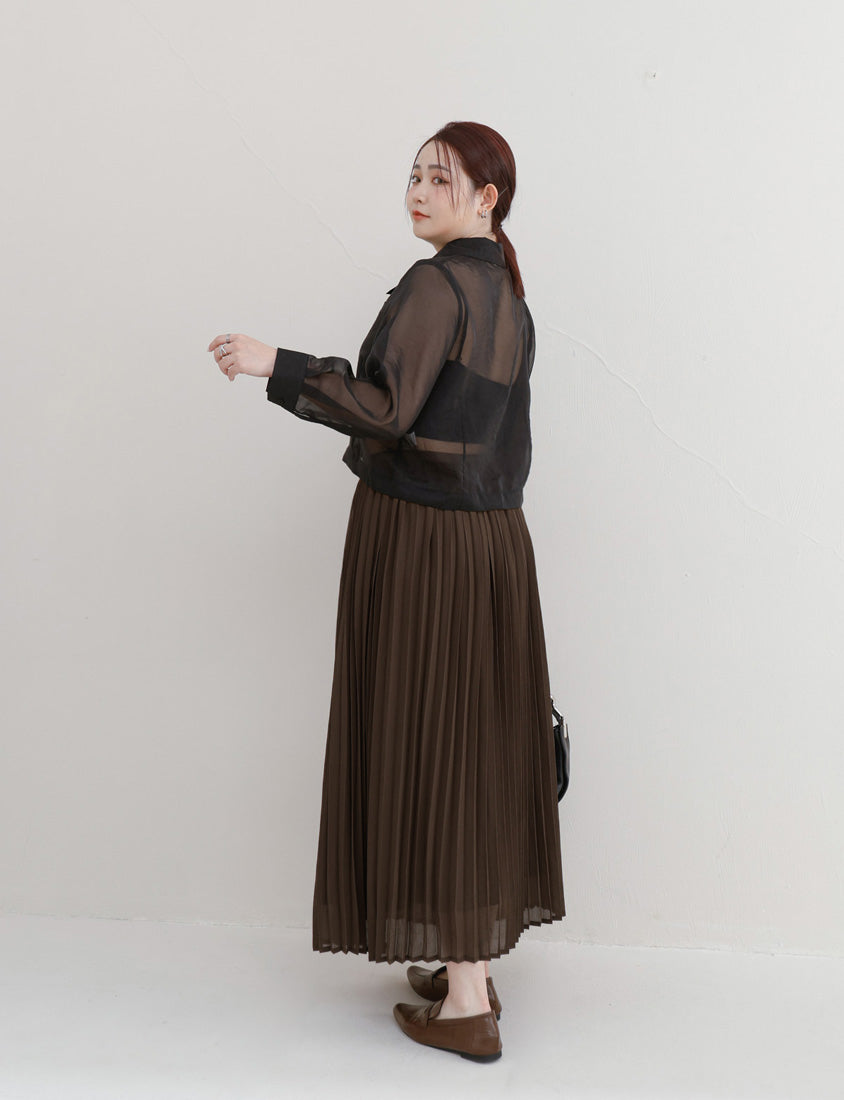 MISS. Elegant Fine-Pleated Double Layer Sheer Plus Size Maxi Skirt