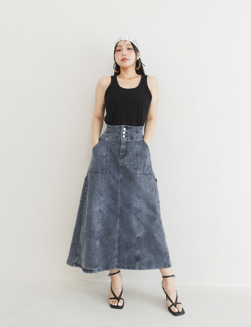 MUA! Ultra-Stretch Back Slit High-Waist Washed Denim Plus Size Maxi Skirt