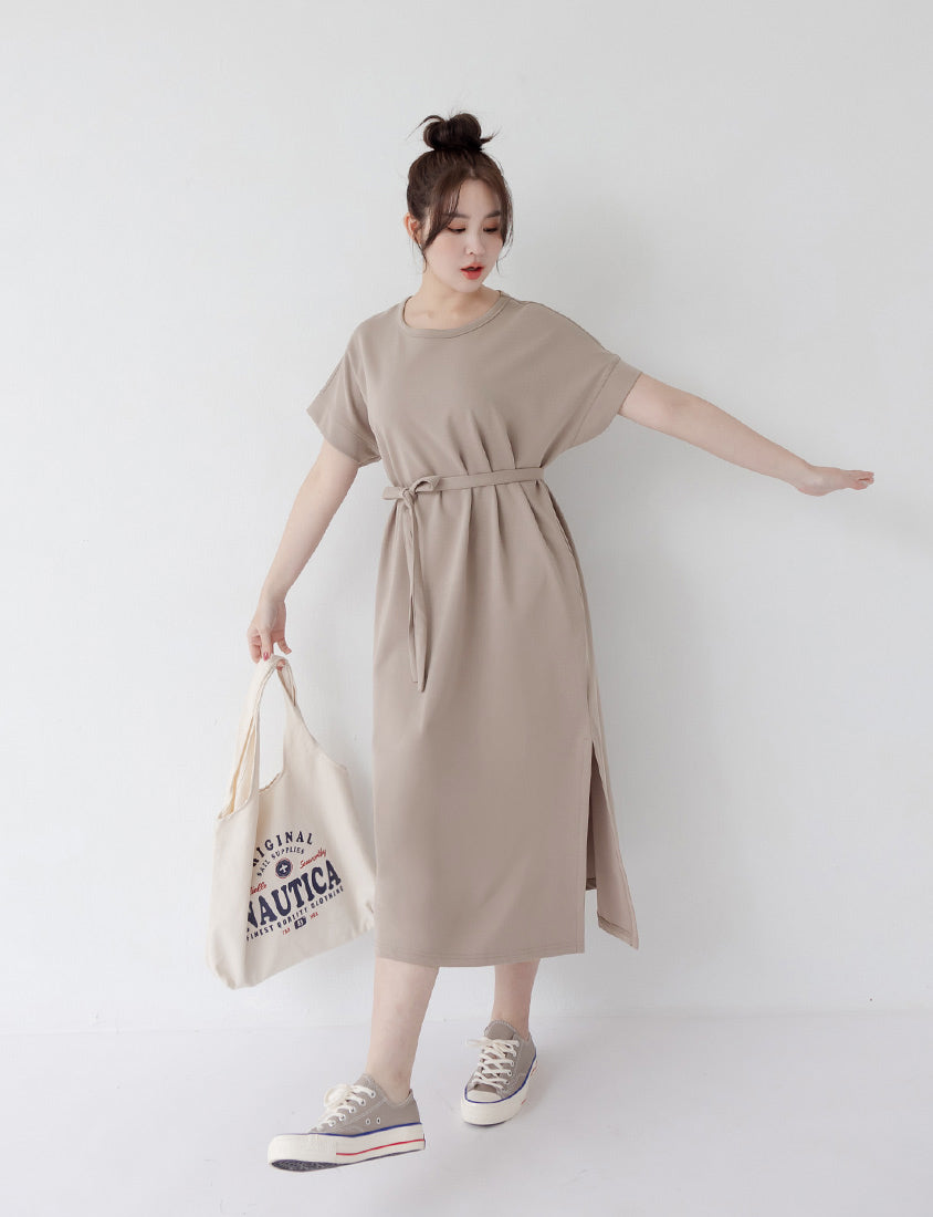 Casual Crew Neck Waist Tie Plus Size Maxi Dress