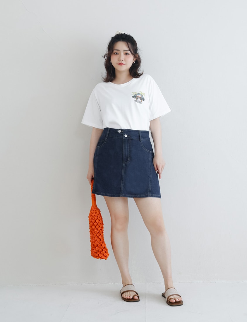 Stitched Waistband Plus Size Denim Skort (With inner pants)