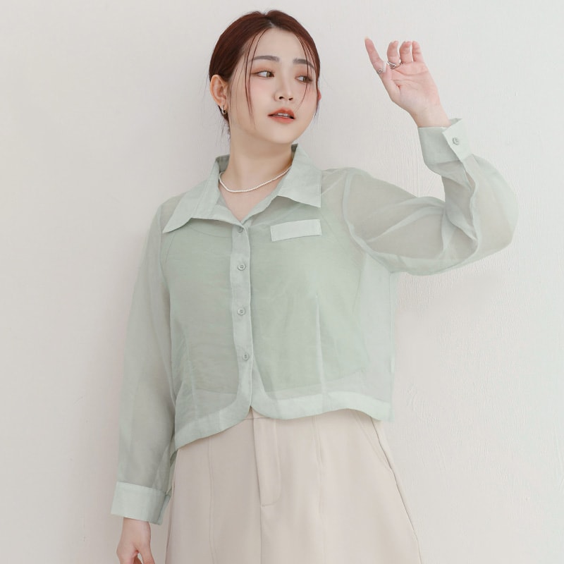 MISS. Faux Pockets Sheer Plus Size Cropped Shirt