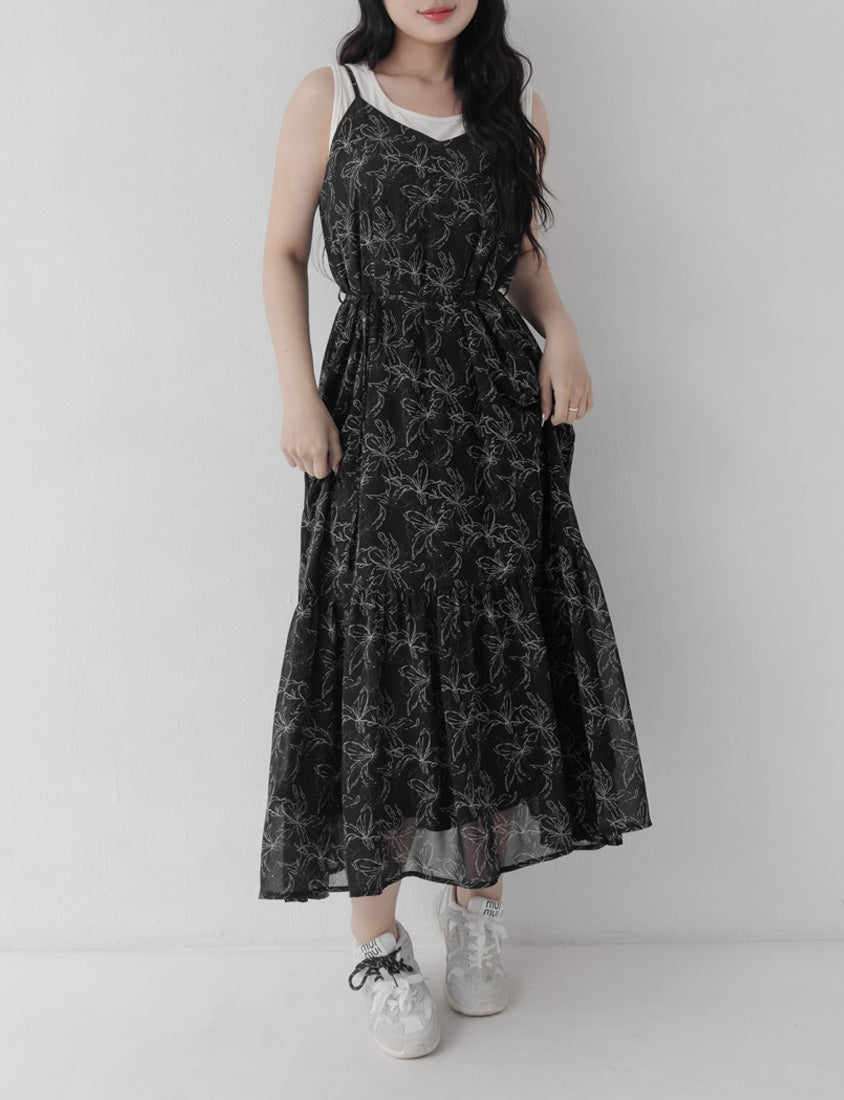 Adjustable Hand-Painted Floral Cami Dress (with Waist Tie)