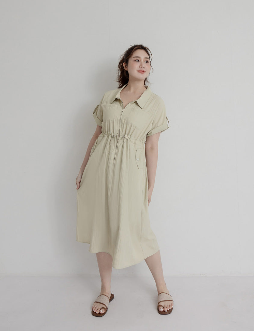 Utility Cargo Pocket Drawstring Cinched Waist Plus Size Maxi Dress