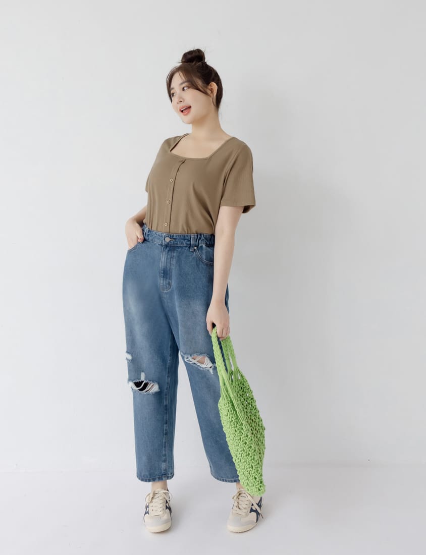 Distressed Side Elastic Waist Plus Size Boyfriend Jeans