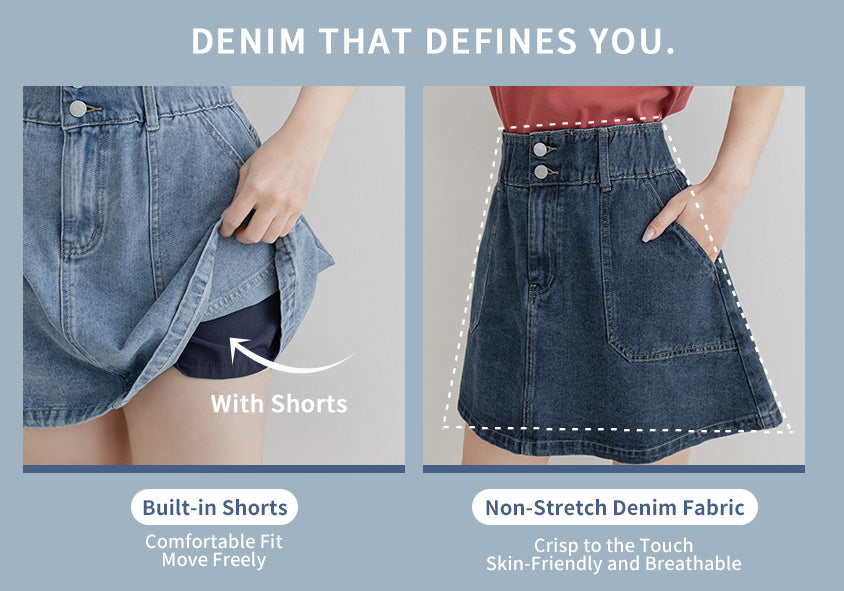 Waist-Cinching A-Line Plus Size Denim Skirt (With Shorts)