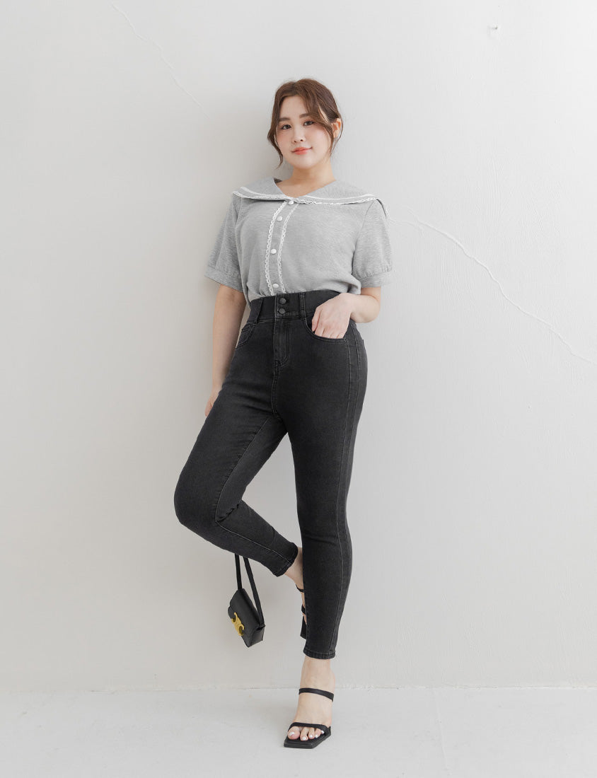 Space Cotton Sailor Collar Plus Size Lace Top