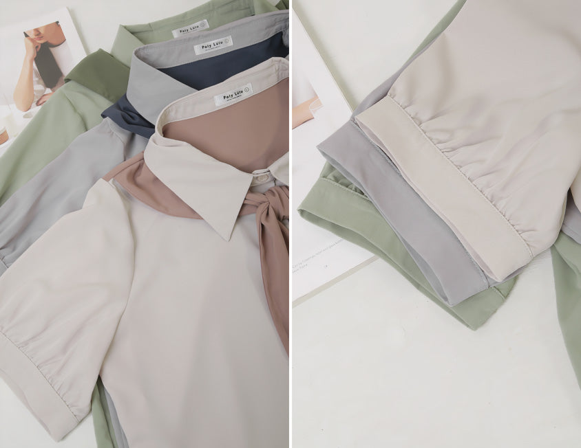 MISS. Faux Two-Piece Color-Block Bow Puff Sleeve Plus Size Blouse