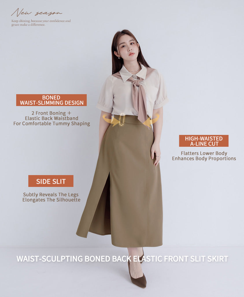 MISS.Ultra Waist-Sculpting Boned Back Elastic Front Slit Plus Size Maxi Skirt