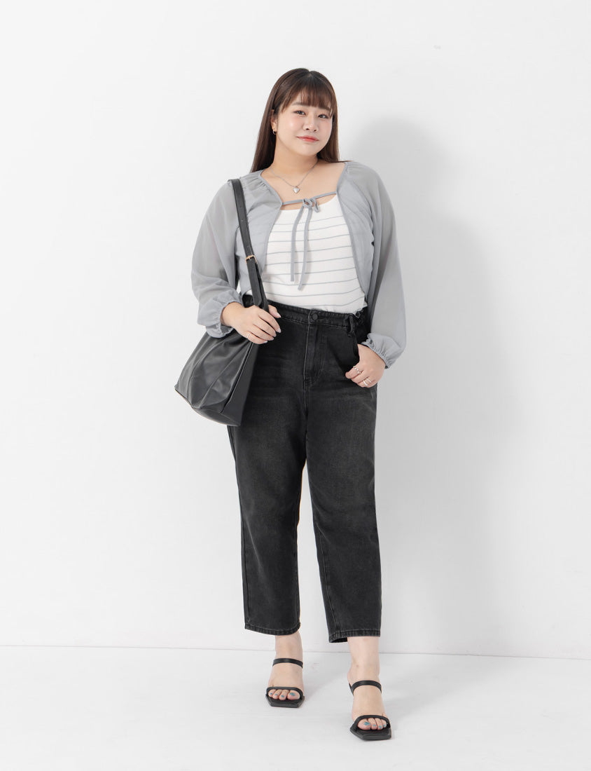 Japanese Style Puff Sleeve Tie Sheer Cropped Plus Size Cover-Up